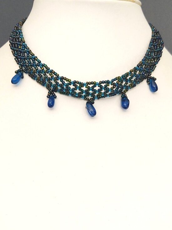 Jewelry - Bule and multi color iridescent seed bead choker with blue glass beads